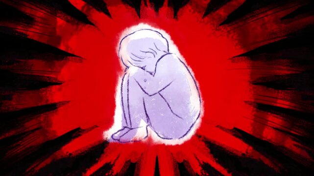 心に傷を負い蹲って泣く学生のアニメ風動画と集中線フレーム