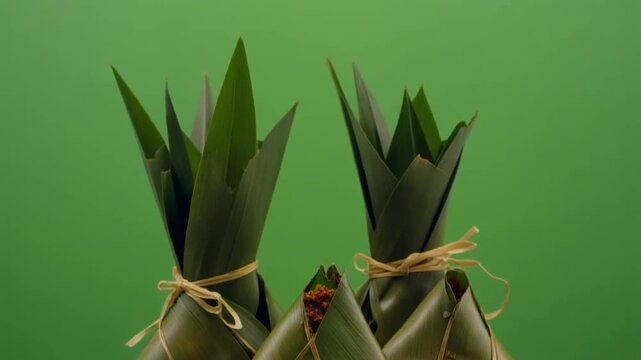 Close-up of two bundles of green leaves tied with raffia against a solid green background.