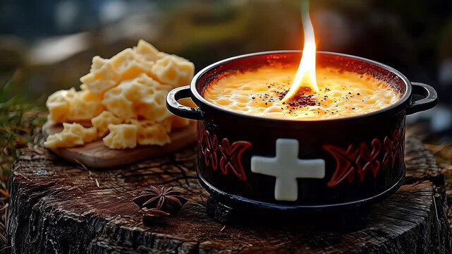 Cheese pot with candle on tree stump