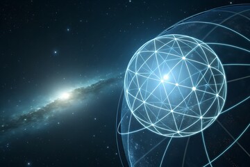 Obraz premium Glowing digital globe network in vast galaxy with bright star