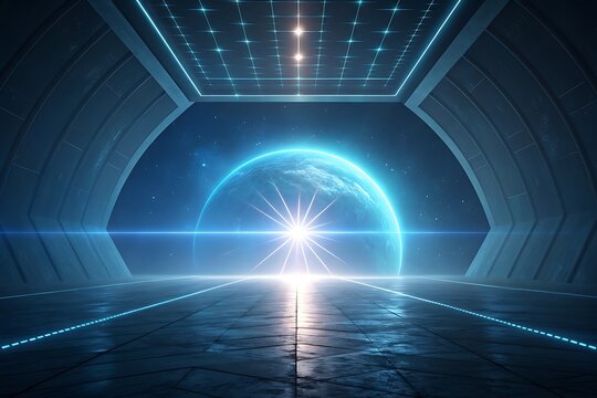 Futuristic empty room with glowing blue light, large arched window overlooking planet earth and stars in space