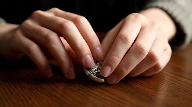 Person Handling Coins on Wooden Table.