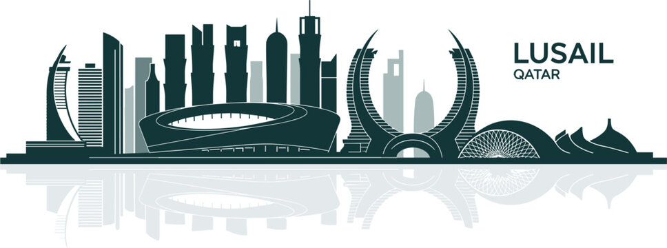 Lusail City Qatar skyline vector illustration featuring famous architectural landmarks Katara Towers and stadium with water reflection on white background for travel