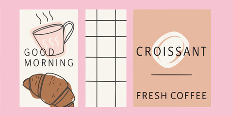A colorful graphic featuring coffee croissants and cheerful morning greetings © Nasir