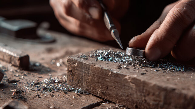 Hands filing silver ring with metal shavings on wooden workbench