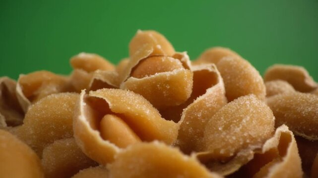Close-up shot of a pile of brown tortellini pasta against a green background with a shallow depth of field.