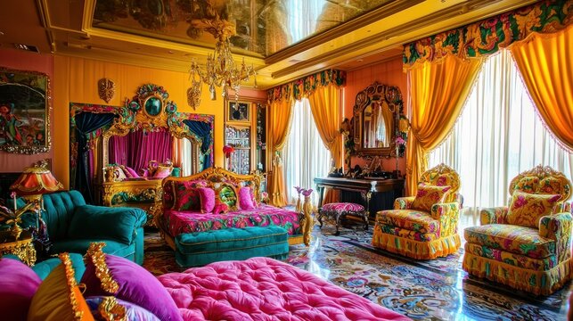 A room decorated in gaudy colors with clashing neon furniture shiny gold curtains and overly ornate patterns on every surface