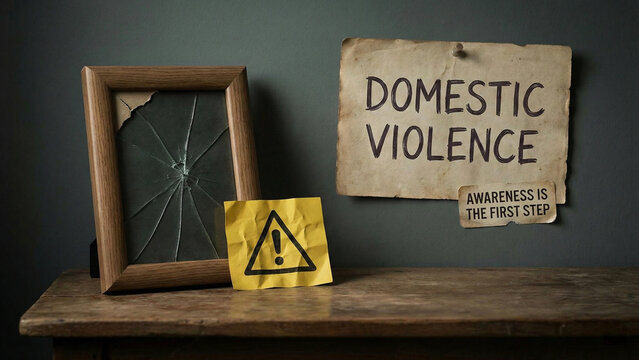 Domestic violence awareness and abuse recognition campaign with broken frame warning sign representing intimate partner violence survivor support prevention education legal protection and community