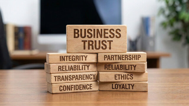 Business trust foundation built on integrity partnership reliability transparency ethics confidence and loyalty values representing core corporate relationship principles