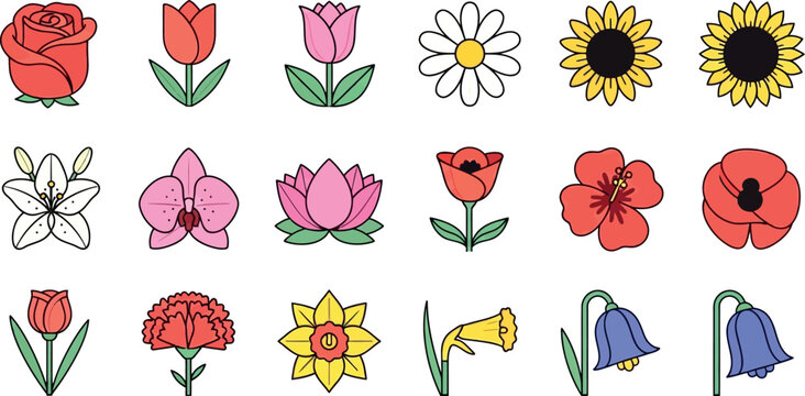 Collection of stylized cartoon flowers including rose tulip daisy sunflower orchid lotus poppy daffodil and bluebell