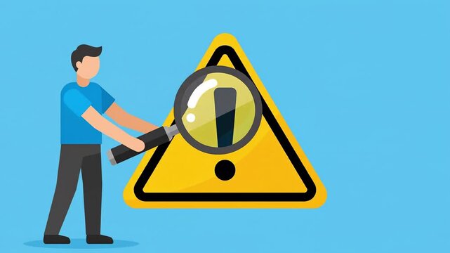 Man holding a large magnifying glass to inspect a yellow warning triangle with a black exclamation mark on a solid blue background
