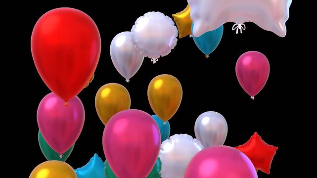 3d animation of multi-colored balloons flying upwards, birthday or anniversary celebration concept. Video with alpha channel
