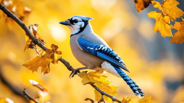 A vibrant blue jay perched on a tree branch surrounded by golden autumn leaves