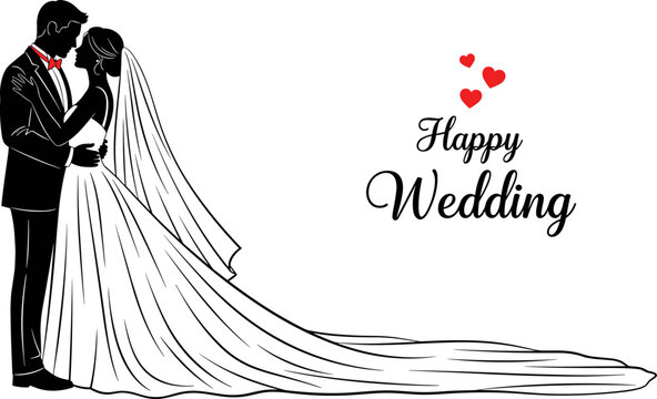 Wedding Couple Silhouette with Happy Wedding Text, Romantic Bride and Groom Embrace, Elegant Marriage Celebration Card Vector Illustration with Hearts.