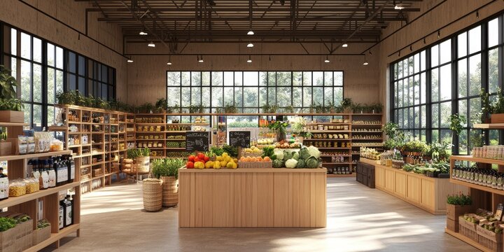 Bright, airy grocery store with wooden shelving and large windows
