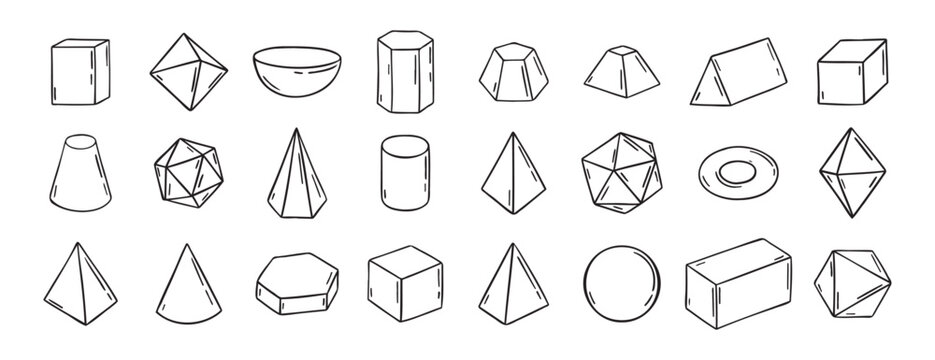Three dimensional Hand Drawn Sketch Geometry Shapes. Doodle outline 3d geometry shapes. 