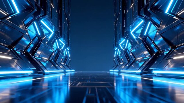 Futuristic corridor with blue neon lights