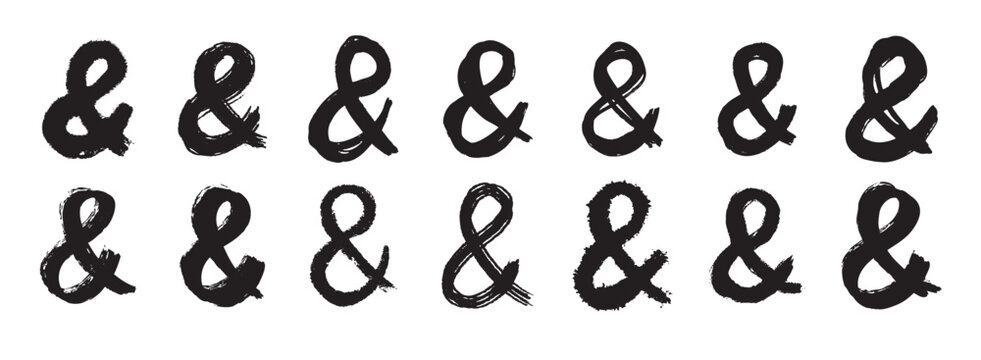 Ampersand bold letter mark ink brush grunge style set. Ampersand punctuation mark for lettering, social media, logo. Hand drawn icons isolated on white background