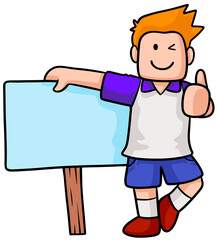 Obraz premium Cartoon boy pointing to blank sign board isolated on white background