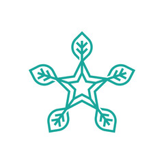 Minimalist green eco star logo composed of five stylized leaves radiating from a central star, evoking nature, sustainability, organic products, environmental protection and eco-friendly branding for 