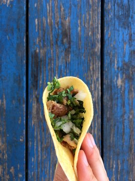 Hand holding a traditional and authentic tripe taco (taco de tripa) with coriander and onion, over a rustic wood blue table. Ready to eat.