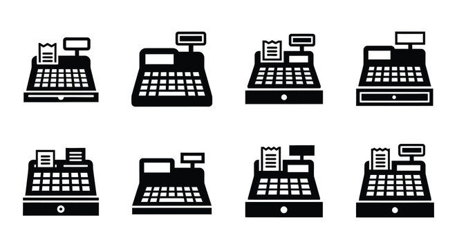 A collection of black and white cash register and receipt icons