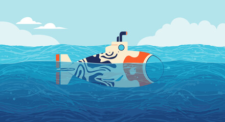 Obraz premium Stylized submarine with a decorative wavy pattern on its hull floats on the surface of a deep blue ocean with white clouds above.
