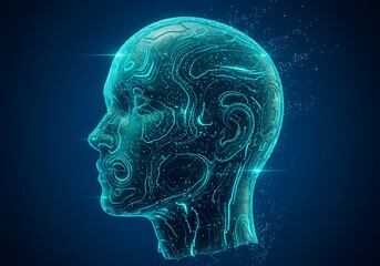 Obraz premium Digital depiction of a futuristic human head with neural network patterns glowing in blue.