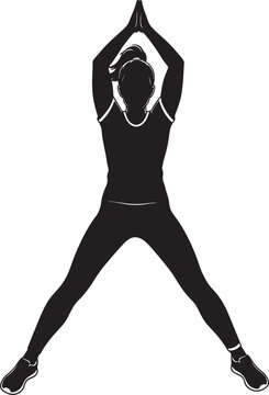 Black silhouette of a woman performing a jumping jack exercise for fitness training