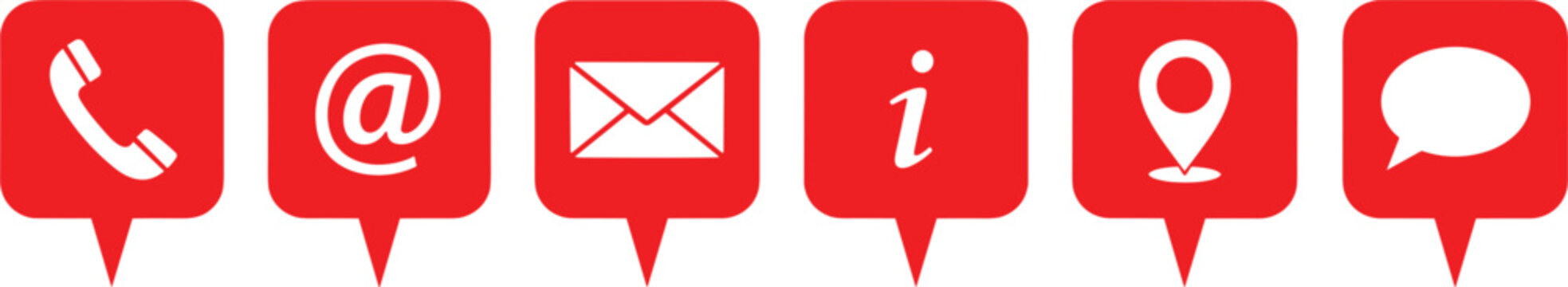 Set of red contact us icons in square map pointer bubbles including phone email location information and chat symbols for website design.