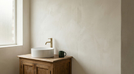 マットなオフホワイトの塗り壁とヴィンテージ感のある木製洗面台が印象的な、静かなウォッシュルーム空間。
白い陶器シンクとブラッシュドブラスの水栓が、控えめで上質なクラシック感を添えます。
洗面台の隅には、深みのあるフォレストグリーンのマットな陶器マグが一点アクセントとして配置。
やわらかな自然光が均一に広がり、70〜80％のネガティブスペースを活かしたレイアウト対応型の高解像度ビジュアルです。