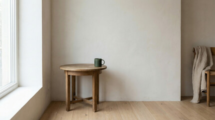 マットなオフホワイトの塗り壁とナチュラルウッドフロアが調和する、静かなリビング空間。
やや片側に配置されたヴィンテージ感のある木製テーブルの隅に、深いフォレストグリーンのマットな陶器マグが置かれています。
サイドウィンドウから差し込むやわらかな自然光が、均一で穏やかな陰影を生み出します。
全体の約70〜80％をクリーンなネガティブスペースが占める、エディトリアルレイアウト対応型の高解像度ビジュアル