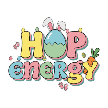 Colorful Easter hop energy illustration with eggs and carrots