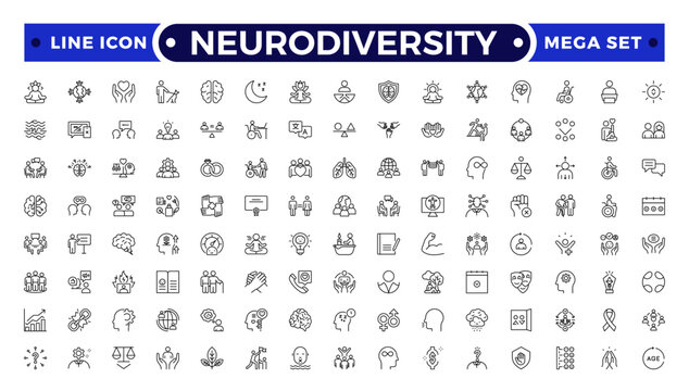A set of vector icons Neurodiversity representing workplace inclusion, equity, diversity, and human rights, created in outline icon.