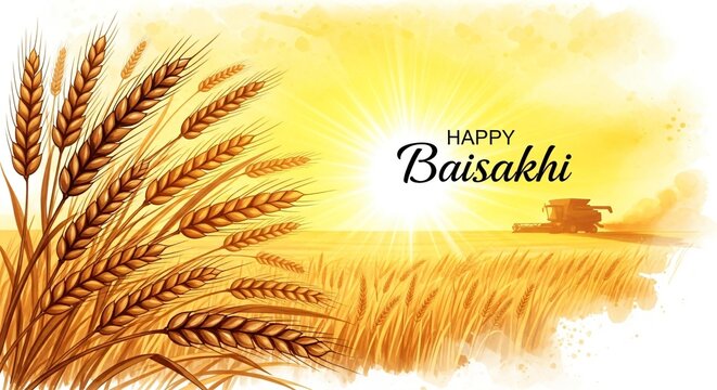 Watercolor style illustration for baisakhi with a wheat field and sun.