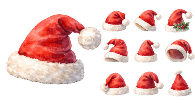 A charming watercolor collection of Santa claus hats, including classic red caps with fluffy white trim and soft pom-pom details.