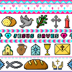 Religious Pixel Art Background with Jesus Saves Message