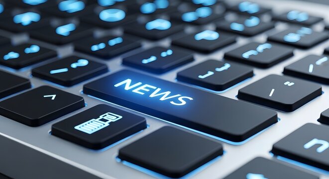Close up of a keyboard with a blue 'news' key highlighted