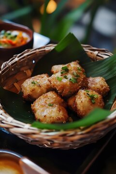 Fried Cha Lua Sausage Bites on Banana Leaf in Woven Basket