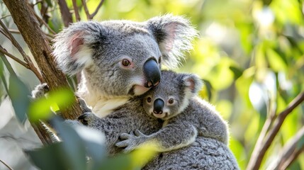 Fototapeta premium A baby koala clinging to its motherâ€™s back as they rest in the high branches of a tree in an Australian sanctuary