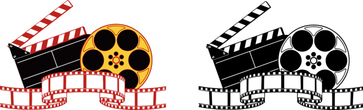 Movie Clapper Board and Film Reel Vector Illustration