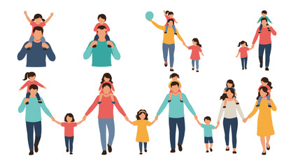 Collection of diverse parents and children walking together, holding hands, and carrying kids on shoulders in a flat illustration style.