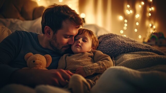 A father comforting his child after a bad dream in a warmly lit bedroom with plush toys and blankets