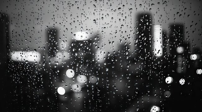 Rain-streaked city lights through a window