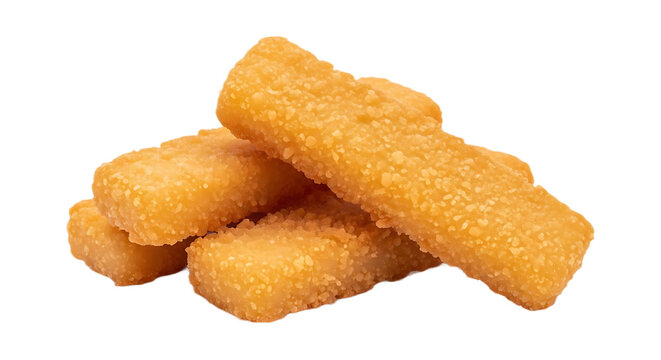 Pile of golden crispy fish fingers breaded seafood sticks isolated on white background for fast food or meal concepts