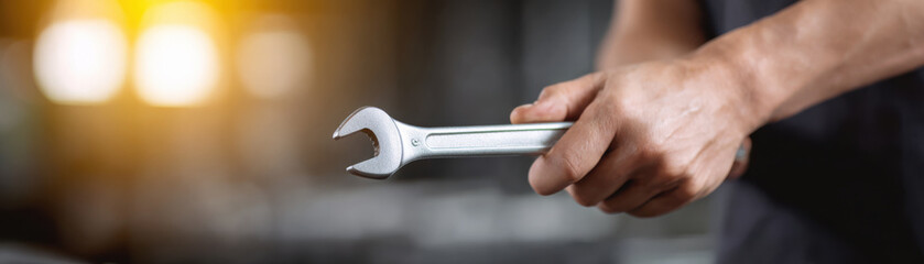 Hand holding wrench tool tightening bolt with blurred background and warm light shining