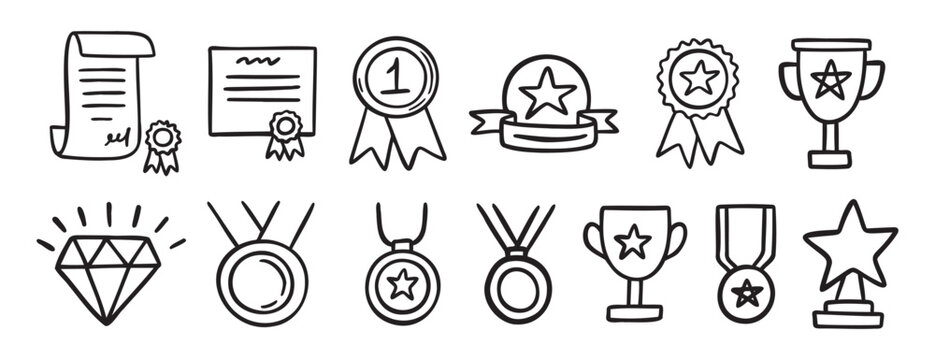 medal honor award related doodle hand drawn icon set. Outline drawing winner line clipart symbol collection