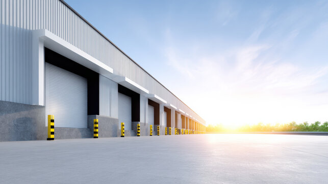 Finished industrial plant with organized loading docks and clear sky at sunrise
