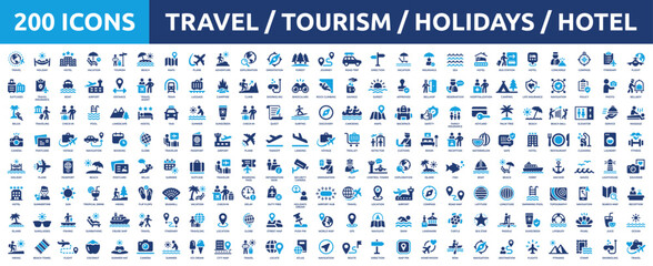 Plakat Huge set of 200 solid icons. Mega collection concept of Travel, Hotel, Holidays, Vacation and Tourism. Vector illustration.