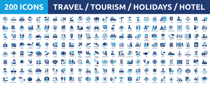 Huge set of 200 solid icons. Mega collection concept of Travel, Hotel, Holidays, Vacation and Tourism. Vector illustration.